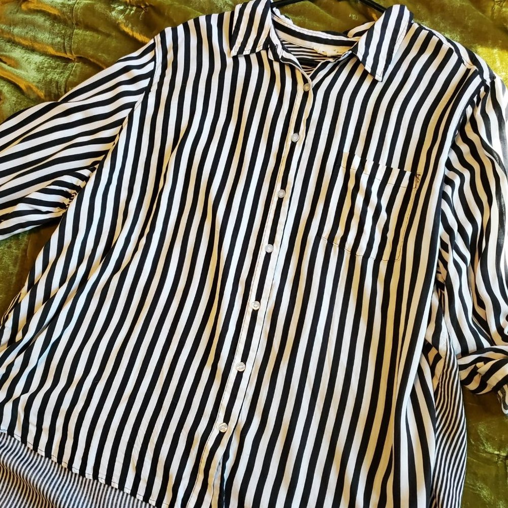 Black and White Striped Double Button Shirt